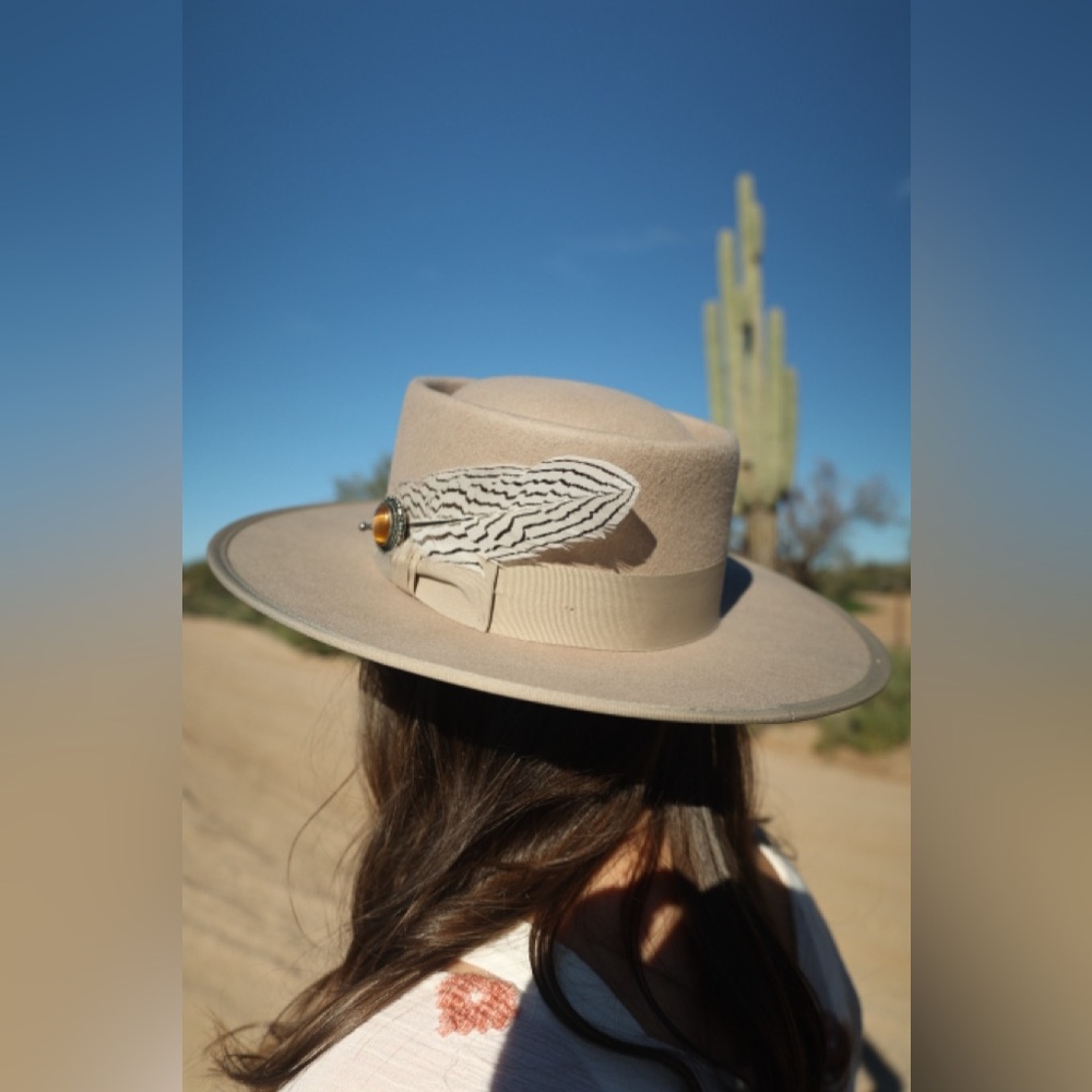 Beige Wool Gambler Hat – Western Felt Hat with feather hat pin